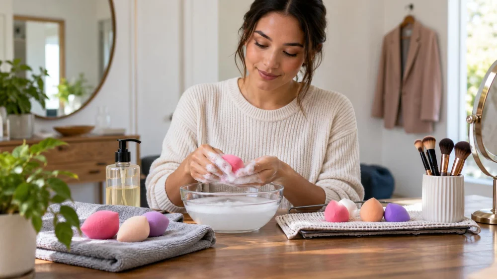 Cosmetic Sponge Cleaning: Soap, Rinsing, and Drying